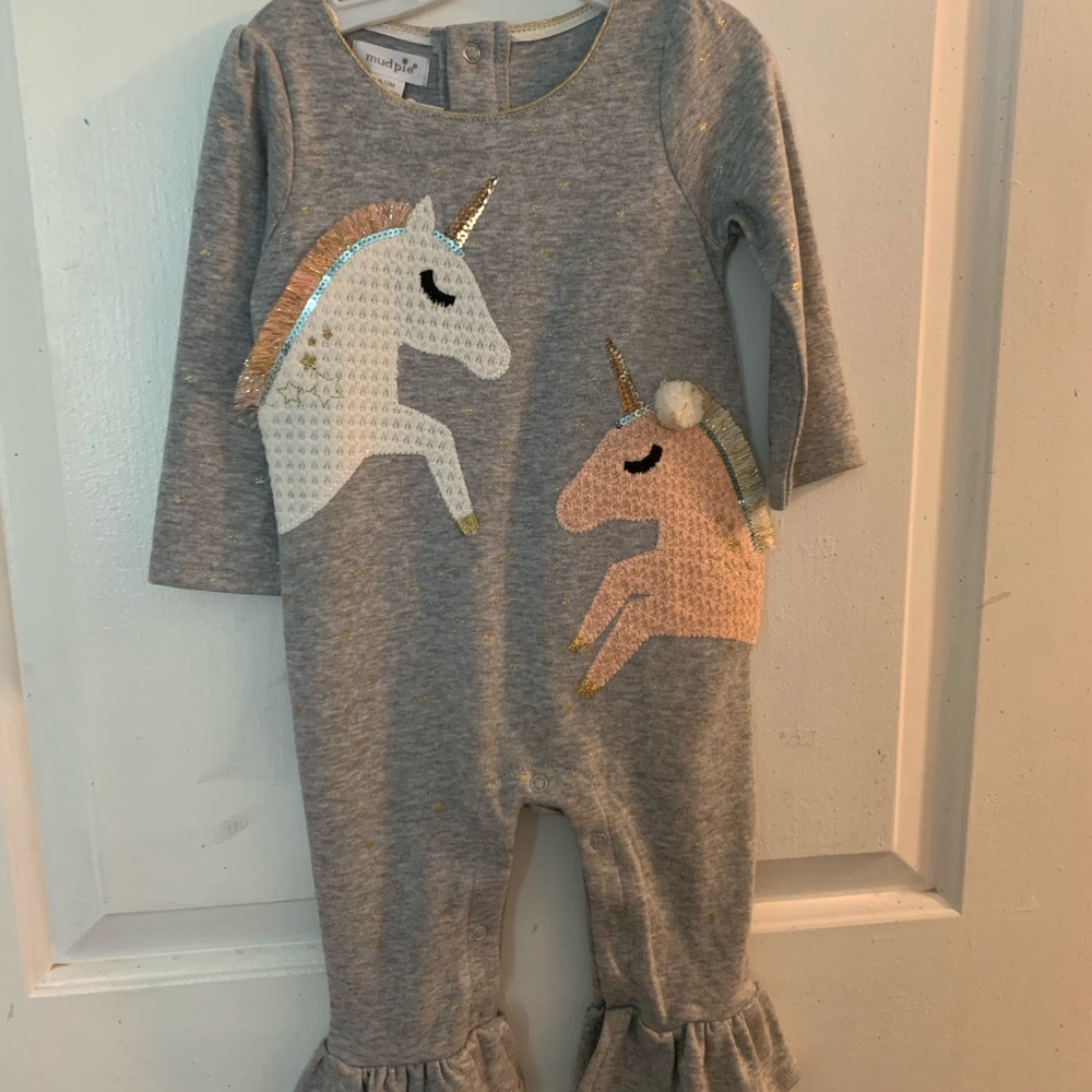 Mud pie unicorn one piece outfit for baby girl.
